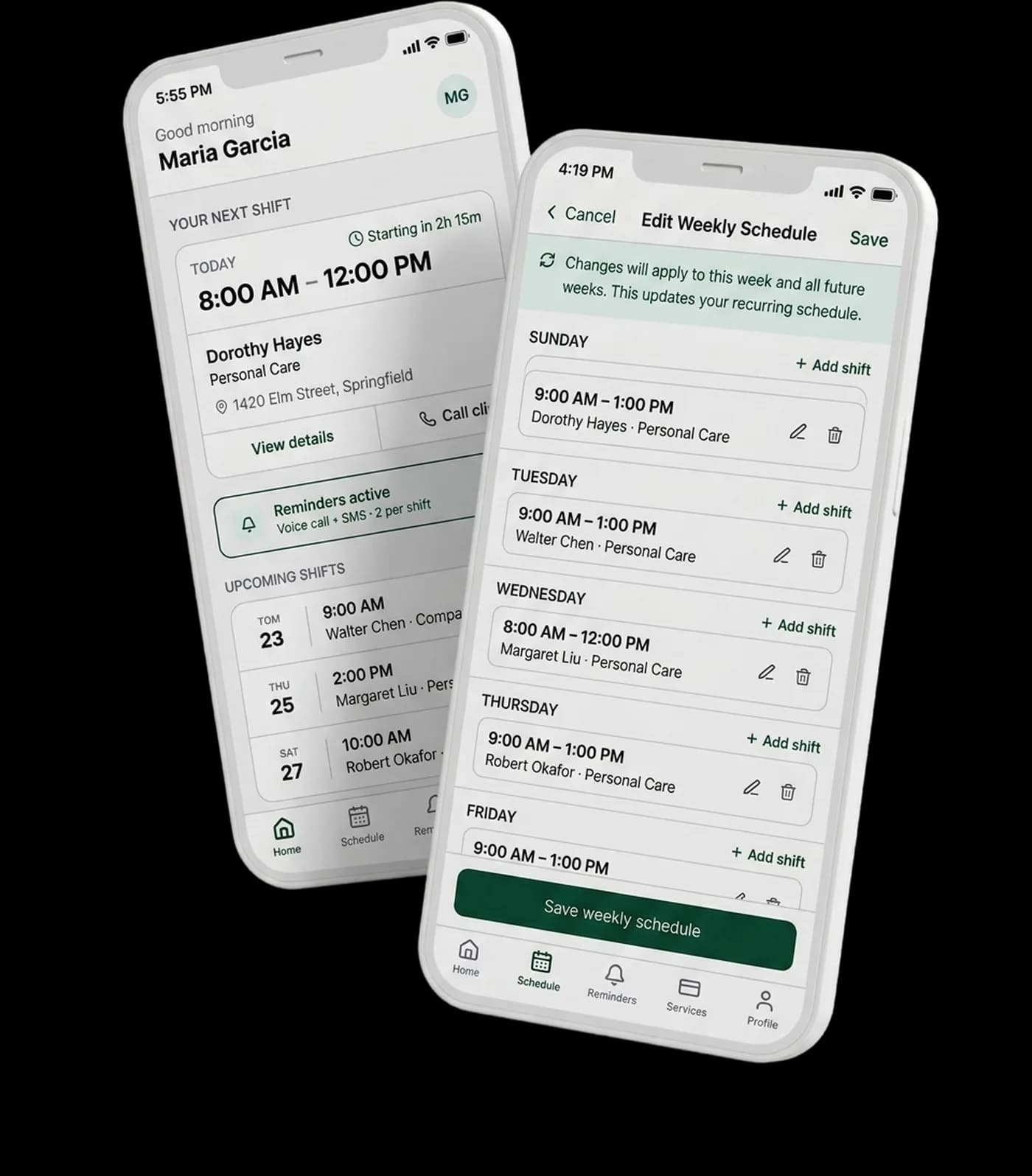 The ClockAide caregiver app on two phones: the next shift with reminders active, and the weekly schedule editor.