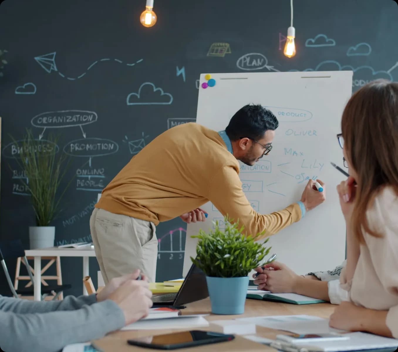 A team working through a schedule at a whiteboard.