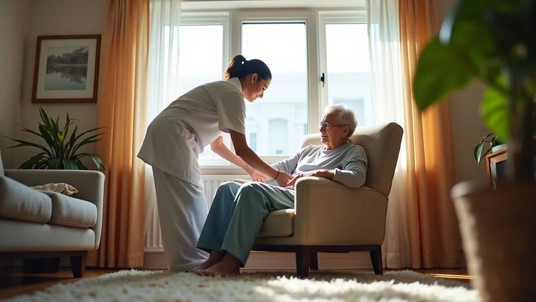 A support worker helping a client out of an armchair during a morning shift